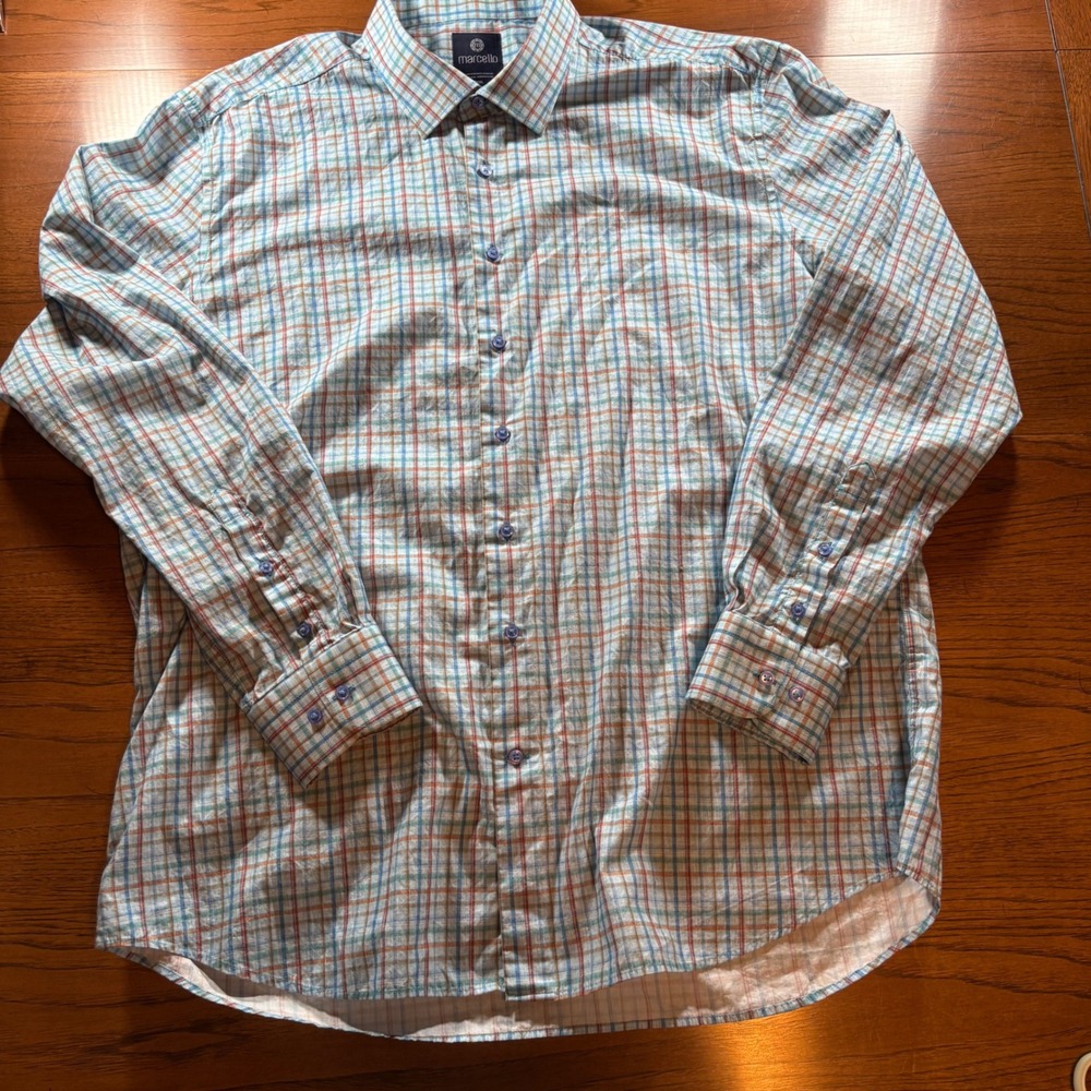 Marcello Men's XXL Blue Orange Plaid Button Down Long Sleeve‎ Dress Shirt Cotton
